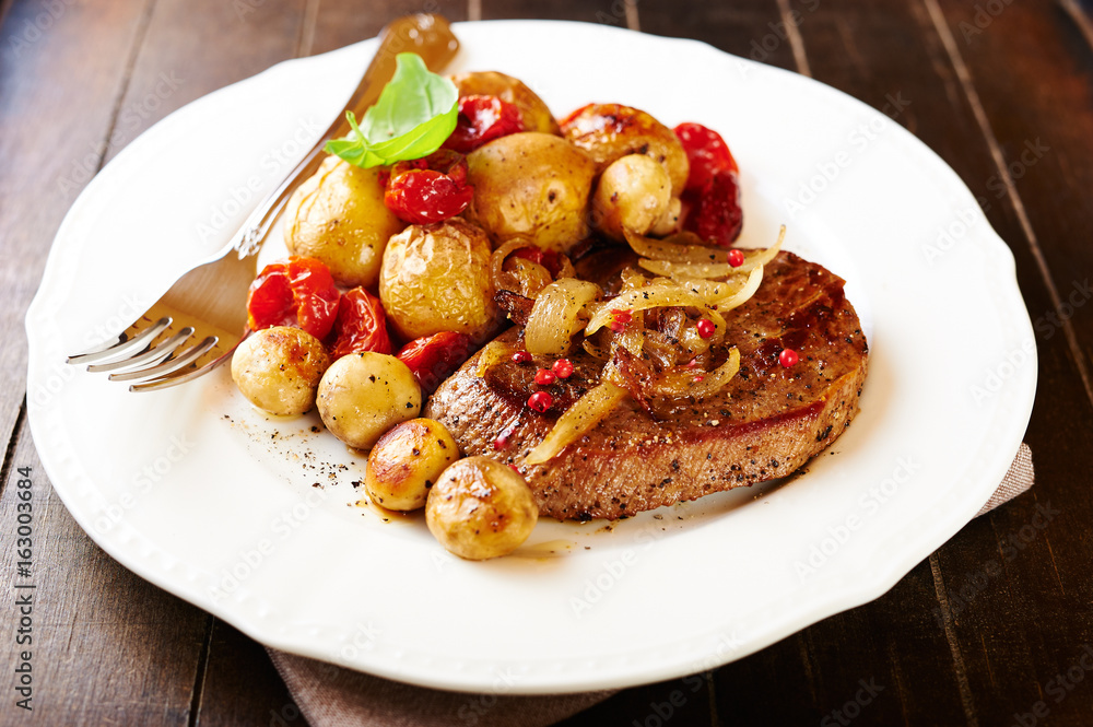 Pork Steak with Oven-Baked Vegetables and Mushrooms Pork Steak with Oven-Baked Vegetables and Mushrooms
