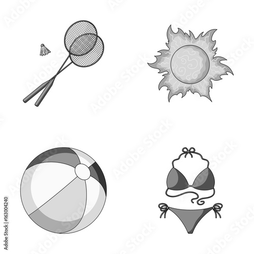 A game of badminton, a ball and the sun.Summer vacation set collection icons in monochrome style vector symbol stock illustration web.