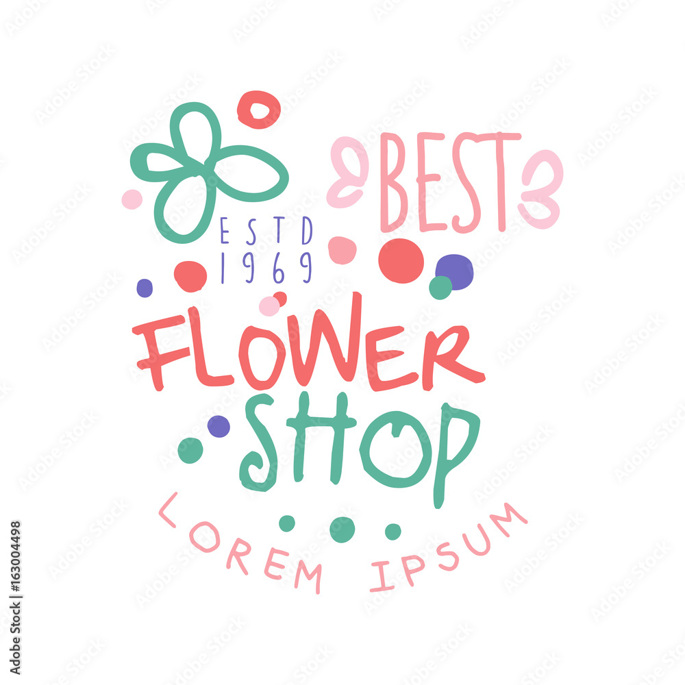 Best flower shop estd 1969 logo template colorful hand drawn vector Illustration