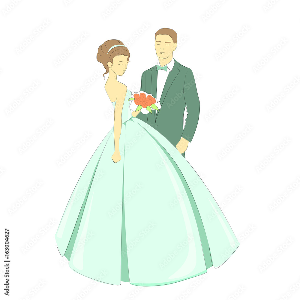 Bride and groom hand draw vector illustration. Newlyweds isolated.
