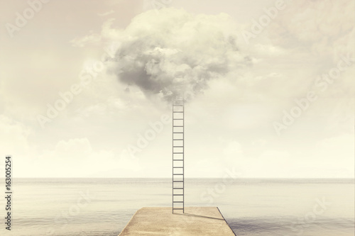 magical ladder rises up into the sky toward a soft cloud