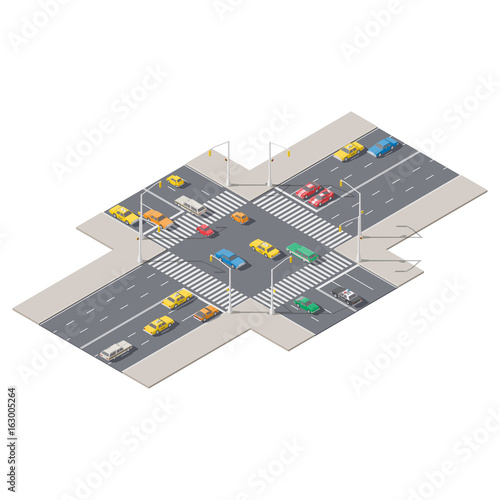 Infographics represented a crossroads controlled by traffic lights isometric icon set