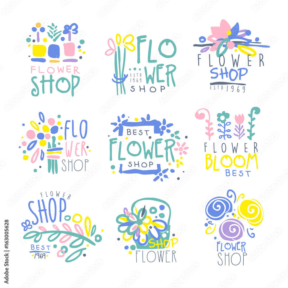 Best flower shop set of logo templates hand drawn vector Illustrations