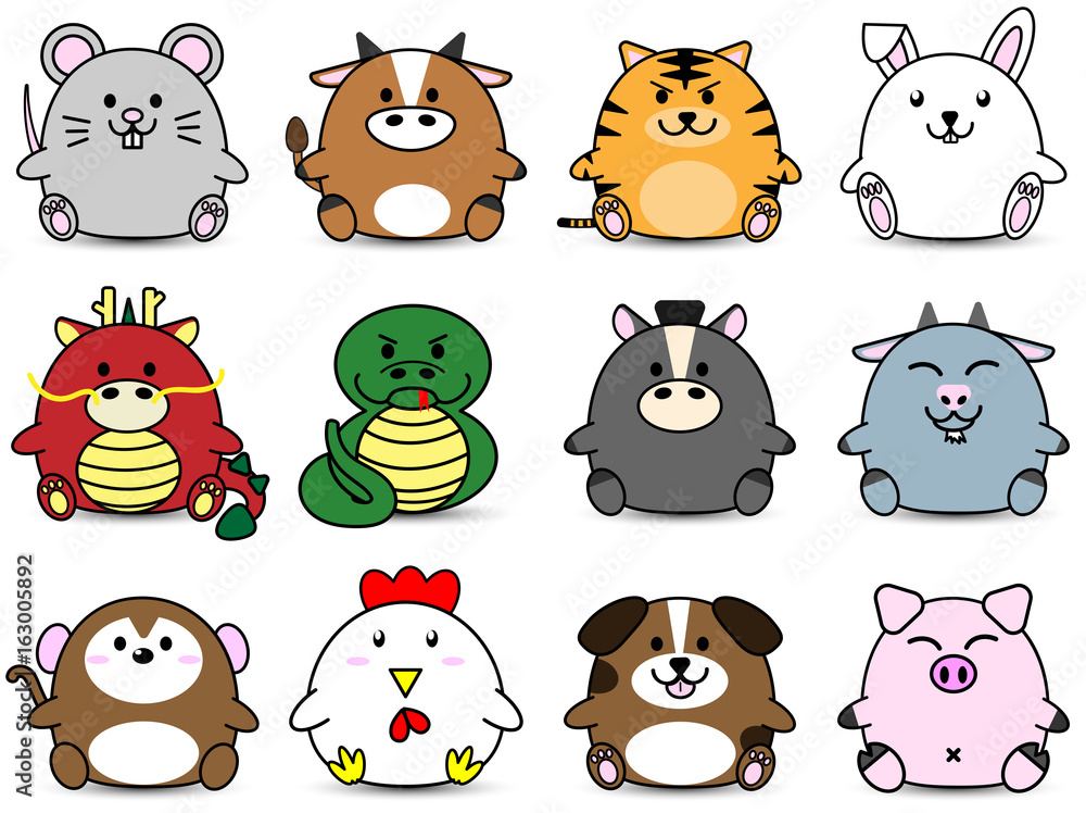 Fototapeta premium Cute Fatty cartoon of chinese zoidac horoscope animal sign collection set