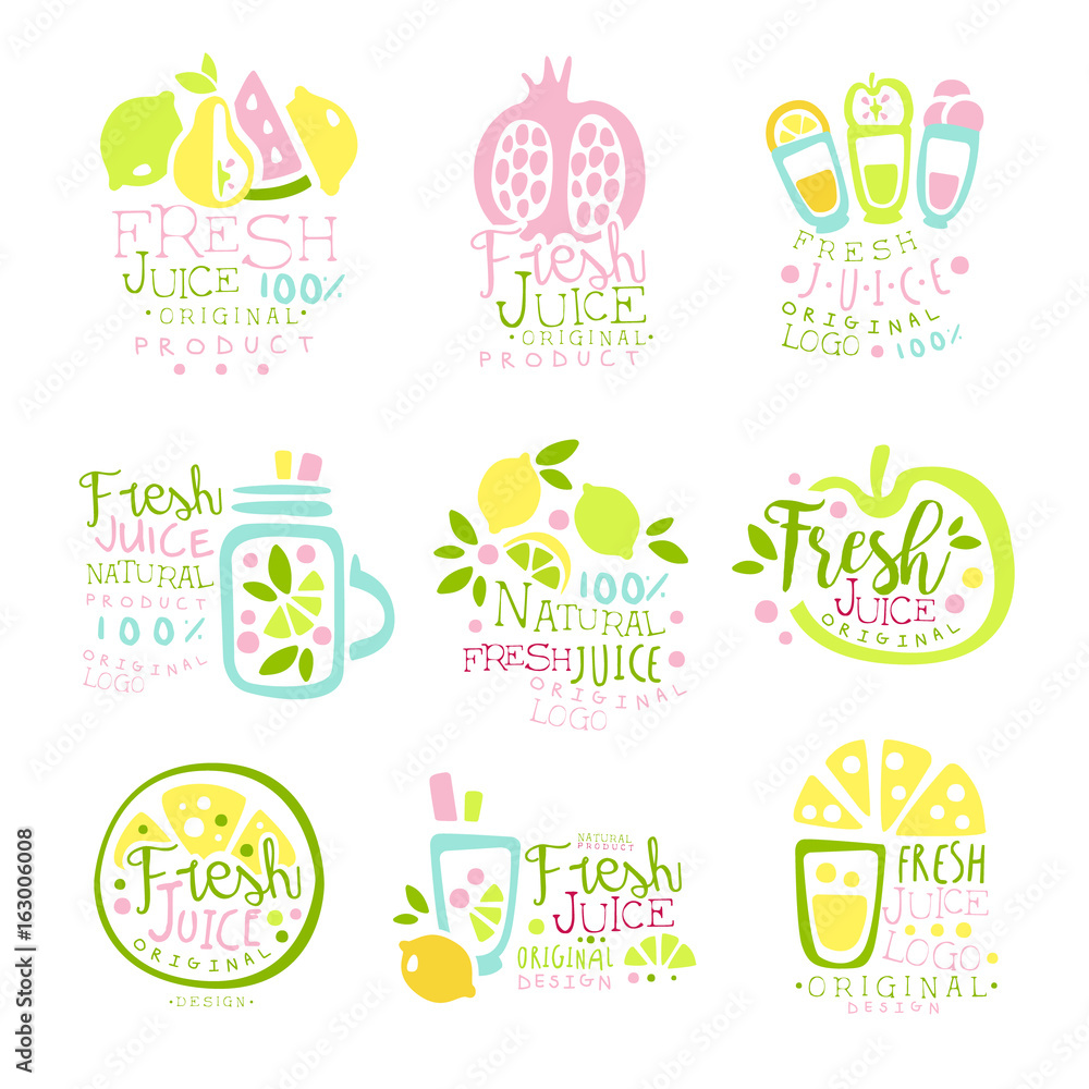Natural fresh juice product set of logo templates hand drawn colorful vector Illustrations Natural fresh juice product set of logo templates hand drawn colorful vector Illustrations