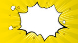 Pop art splash background, explosion in comics book style, blank layout template with halftone dots, clouds beams and isolated dots pattern on yellow backdrop. Vector template for ad, covers, posters.