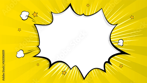 Pop art splash background, explosion in comics book style, blank layout template with halftone dots, clouds beams and isolated dots pattern on yellow backdrop. Vector template for ad, covers, posters. photo