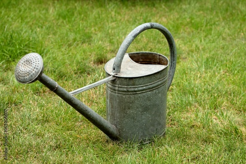 Old metal watering can on the lawn