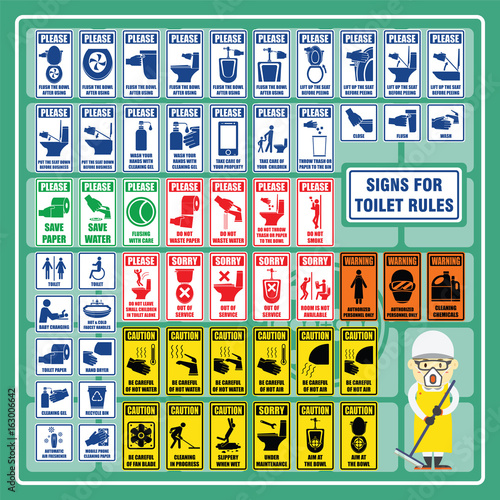 Set of Signs and Symbols of Toilet Rules and Toilet Safety Regulations
