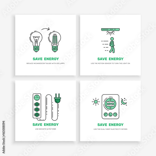 Vector posters save energy during everyday use of the home. Set of banners concept-saving energy consumption.