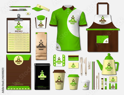 Business fastfood corporate identity items set. Vector fastfood Color promotional uniform, apron, menu, timetable, coffee cups design with logos. Work Stuff Stationery realistic collection