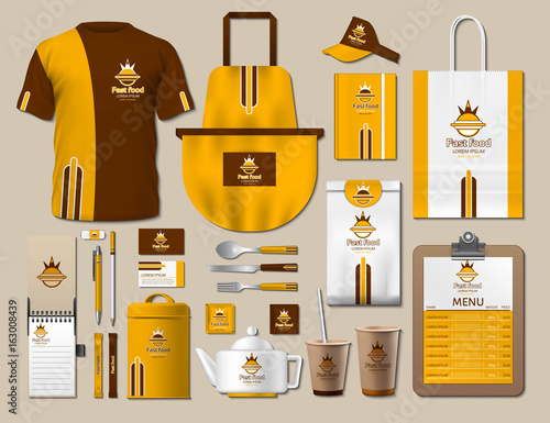Business fastfood corporate identity items set. Vector fastfood yellow Color promotional uniform, apron, menu, timetable, coffee cups design with logos. Work Stuff Stationery 3d realistic collection