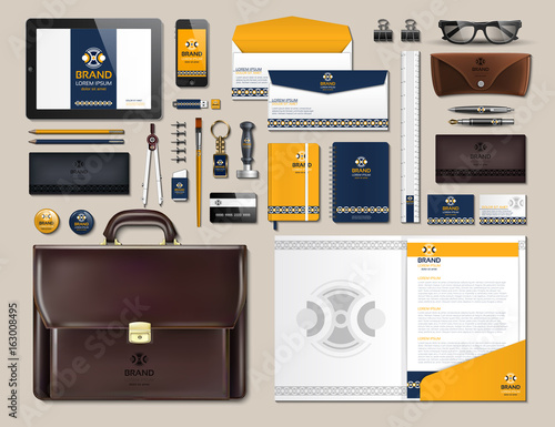 Business corporate identity items set. Vector working articles portofolio, glasses, phone, tablet, maps with brand logos. Work Stuff Stationery 3d realistic collection