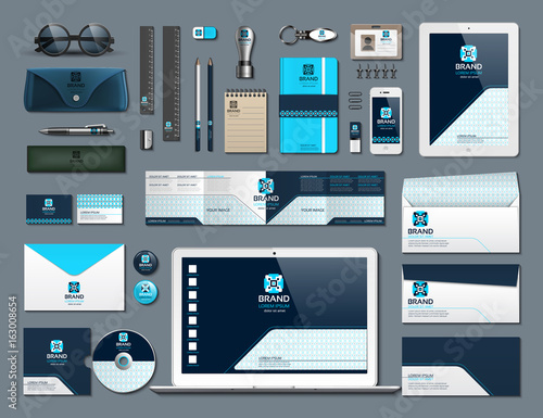 Business corporate identity items set. Vector working articles phone, tablet, maps, cards with brand logos. Work Stuff Stationery 3d realistic collection