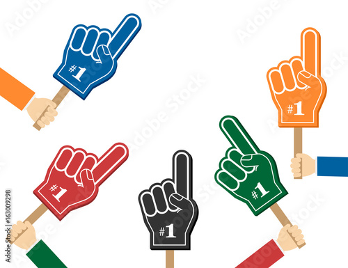 Number 1 fan. Colorful foam fingers in the hands, vector illustration