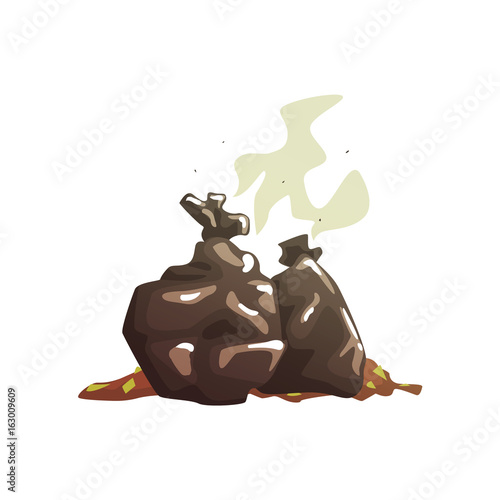 Black garbage bags with rotting garbage, waste processing and utilization cartoon vector Illustration