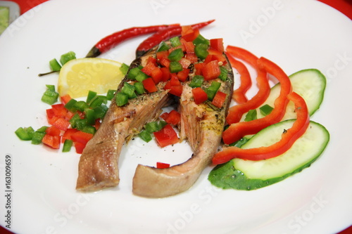 Fish, salmon, steak, pepper, onion, chili, plate, sliced, vegetables, decoration, dish, tasty, delicious, breakfast, lunch, red, green, white, beautiful, grilled, fried, cucumber, mint, basil, Knife, 
