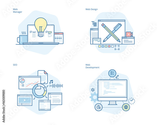Set of concept line icons for web design and  development, SEO, web manager. UI/UX kit for web design, applications, mobile interface, infographics and print design. 