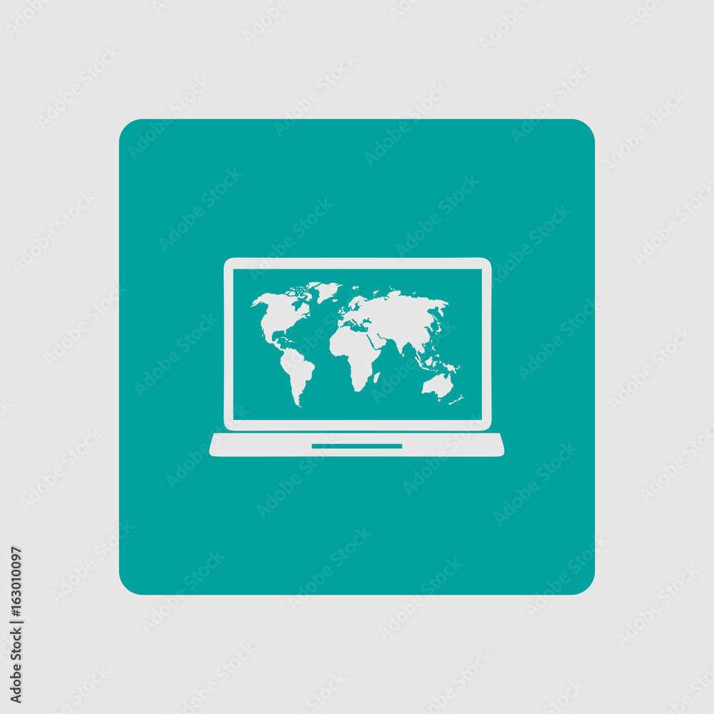 Laptop and world map illustration. World map geography symbol. Flat design style. Laptop and world map illustration. World map geography symbol. Flat design style.