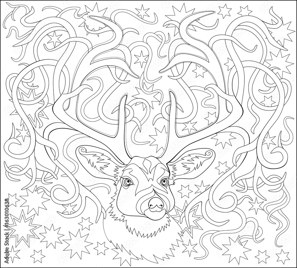 Naklejka premium Black and white page for coloring. Fantasy drawing of deer. Worksheet for children and adults. Vector image.