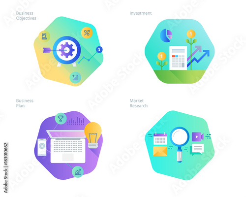 Material design icons set for business plan and objectives, market research, investment. UI/UX kit for web design, applications, mobile interface, infographics and print design. 