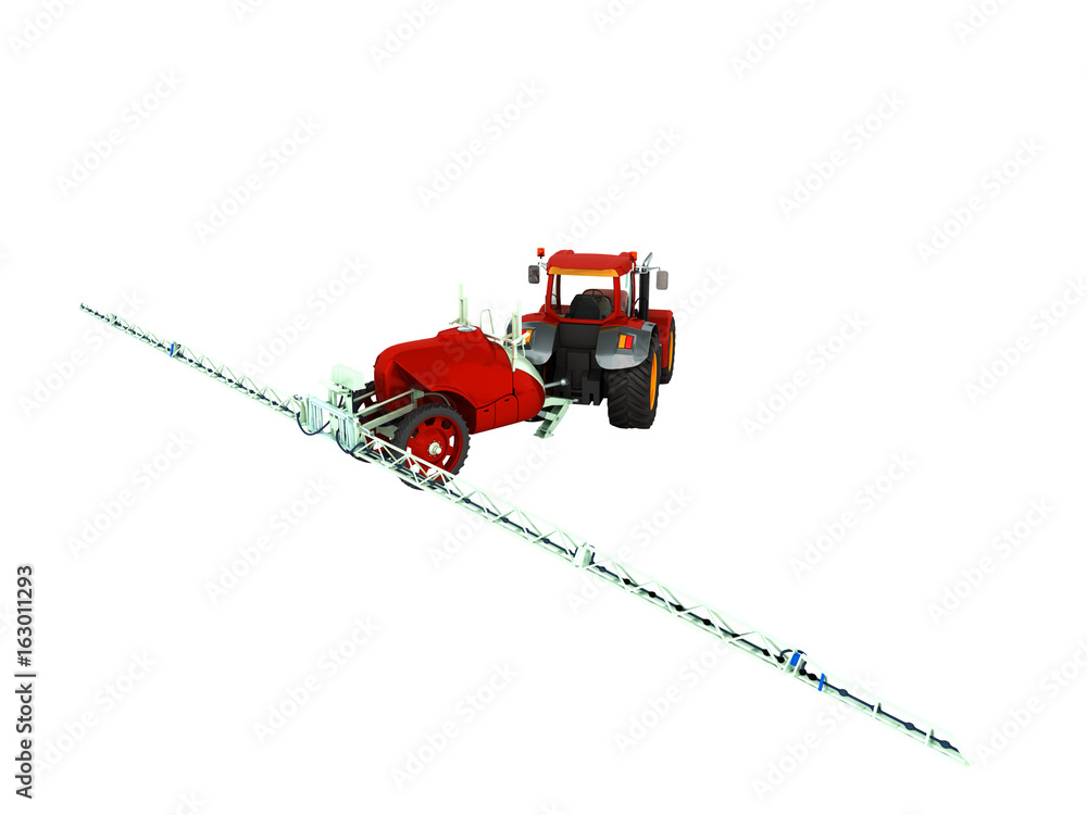 Watering of crops by tractor 3d render on white background no shadow Watering of crops by tractor 3d render on white background no shadow