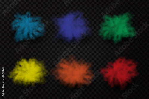 Vector realistic isolated paint powder explosions on the transparent background. Realistic colorful smoke effect for decoration.