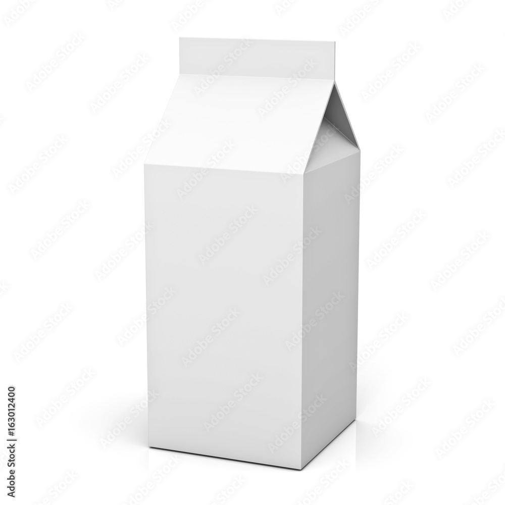 Blank milk box or juice box retail package isolated on white background with shadow and reflection . 3D rendering. Blank milk box or juice box retail package isolated on white background with shadow and reflection . 3D rendering.