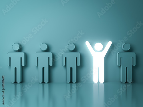 Stand out from the crowd and different creative idea concepts , One glowing light man standing with arms wide open among other people on green background with reflections and shadows . 3D rendering.