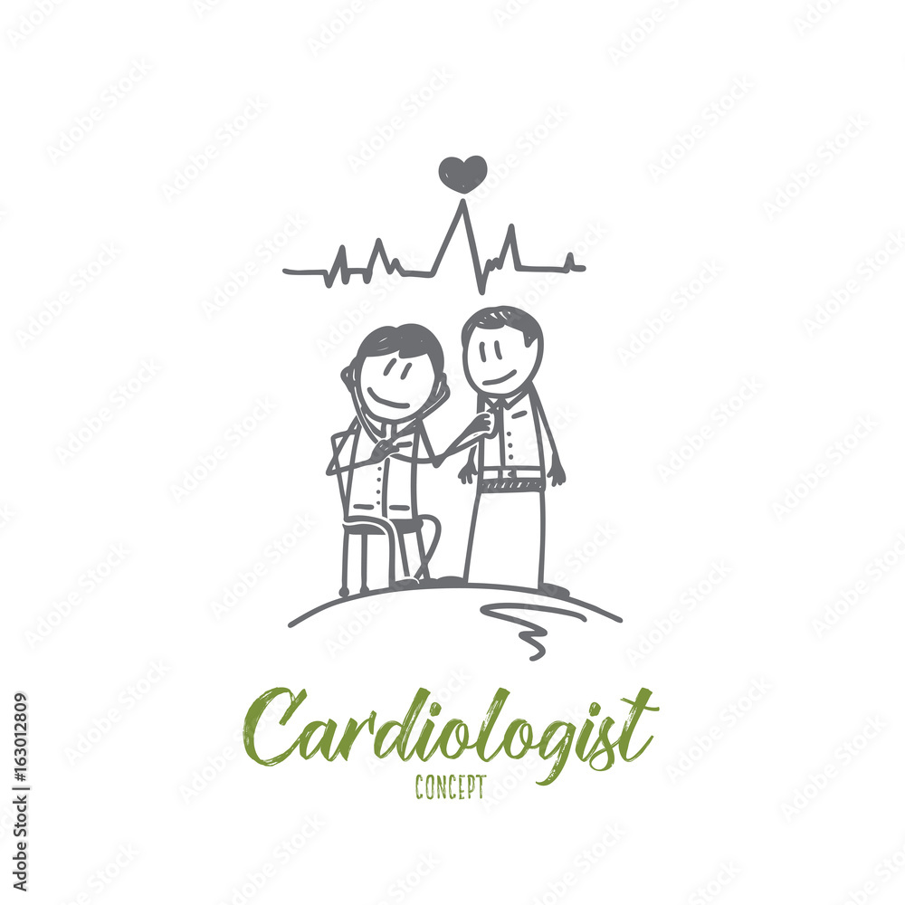 Cardiologist concept. Hand drawn doctor cardiologist with a patient. Heart diagnostic process isolated vector illustration. Cardiologist concept. Hand drawn doctor cardiologist with a patient. Heart diagnostic process isolated vector illustration.