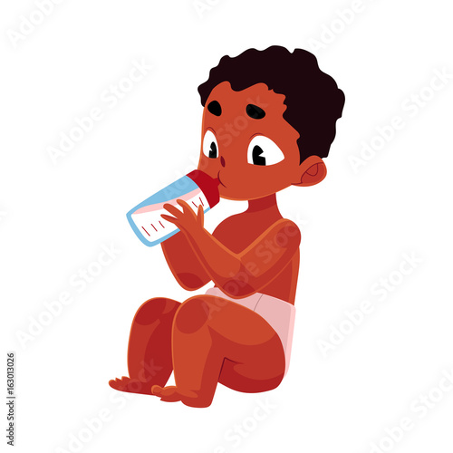 Cute little black, African American baby in diaper holding milk bottle, eating, cartoon vector illustration isolated on white background. Black, African American little baby in diaper with milk bottle