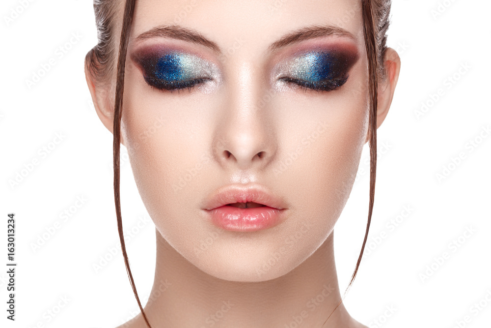 Closeup portrait of a beautiful young model with beautiful glamorous makeup , the wet effect on her face and body, eyes closed, copy space, your text here, front view Closeup portrait of a beautiful young model with beautiful glamorous makeup , the wet effect on her face and body, eyes closed, copy space, your text here, front view