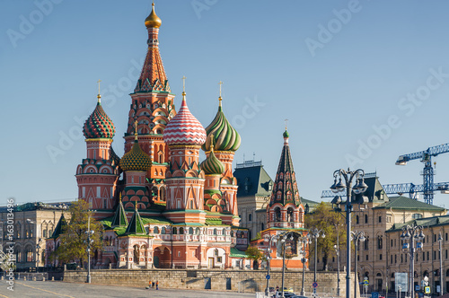 Morning view of Kremlin  Red Square and St. Basil s Cathedral   Moscow  Russia.