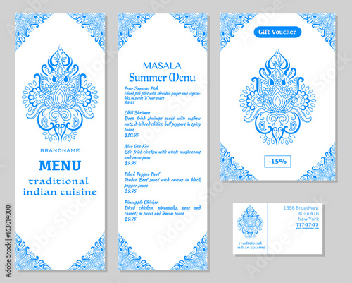 Indian Food. Restaurant menu template. Food flyer. Business card. Vector.