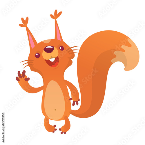 Cute cartoon squirrel presenting and waving hand. Vector illustration.