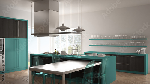 Minimalistic modern kitchen with table, chairs and parquet floor, gray and turquoise interior design © ArchiVIZ