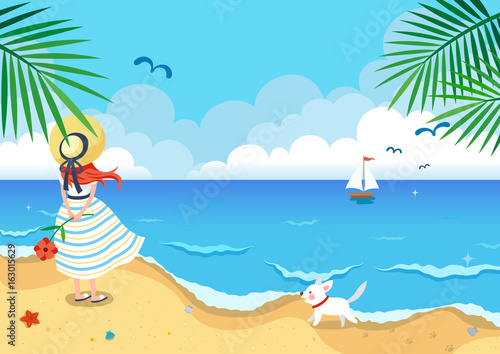 Landscape of a girl with a dog at the beach.Summer holiday background