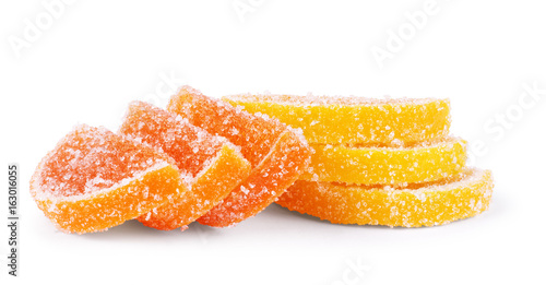 Fruit jellies. Jelly candies citrus in form lobules isolated on a white background