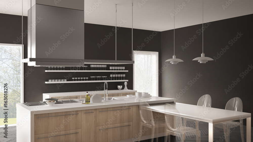 Minimalistic modern kitchen with table, chairs and parquet floor, white and gray interior design Minimalistic modern kitchen with table, chairs and parquet floor, white and gray interior design