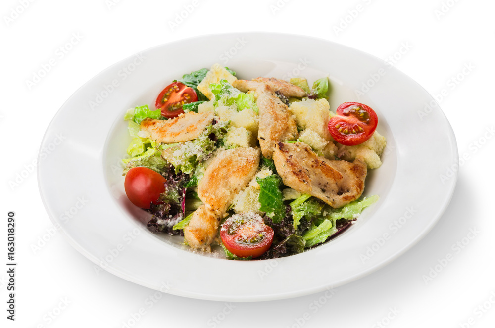 Restaurant food closeup - salad with roasted chicken fillet and Restaurant food closeup - salad with roasted chicken fillet and