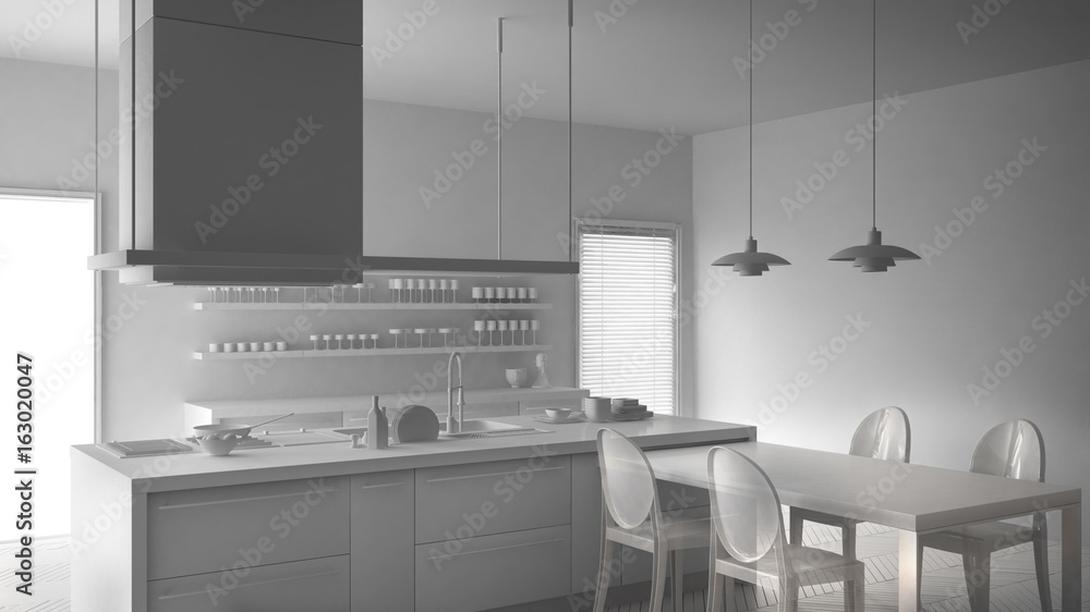 Total white project of minimalistic modern kitchen with table, chairs and parquet floor, minimalist interior design Total white project of minimalistic modern kitchen with table, chairs and parquet floor, minimalist interior design