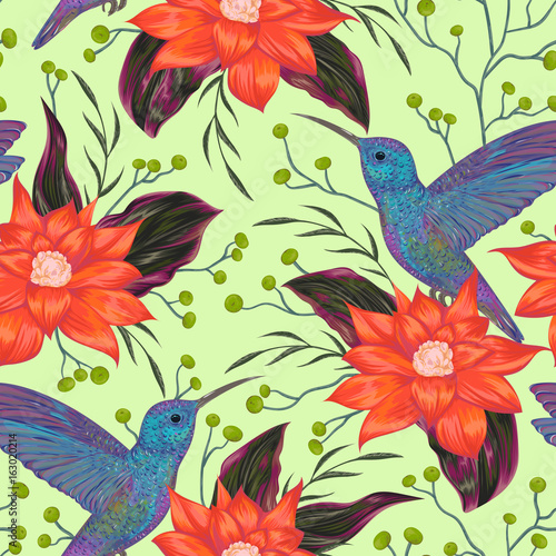 Seamless pattern with hummingbird, tropical flowers,berries and leaves. Exotic flora and fauna. Vintage hand drawn vector illustration in watercolor style