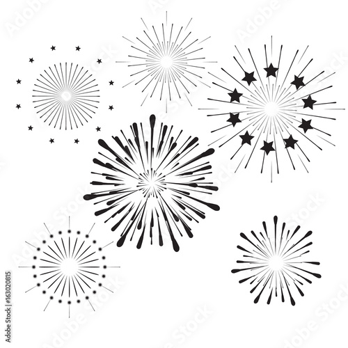 Firework bursting shapes sparkling, burst sparkles, shiny stars silhouette isolated set. White background. Vector for Independence Holiday, Christmas, Birthday decoration. Print