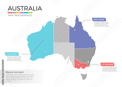 Australia map infographics vector template with regions and pointer marks