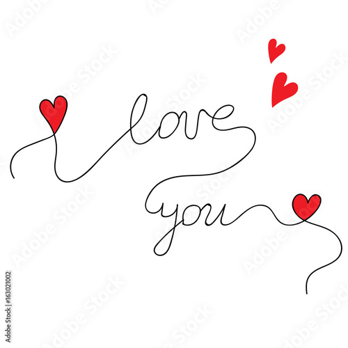 Beautiful lettering I love you with little red hearts