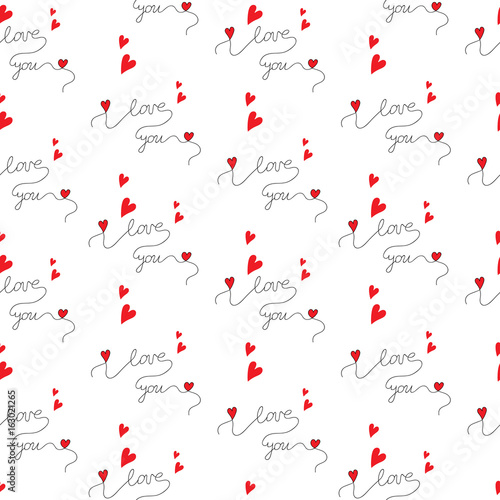 Seamless pattern with beautiful lettering I love you with red hearts