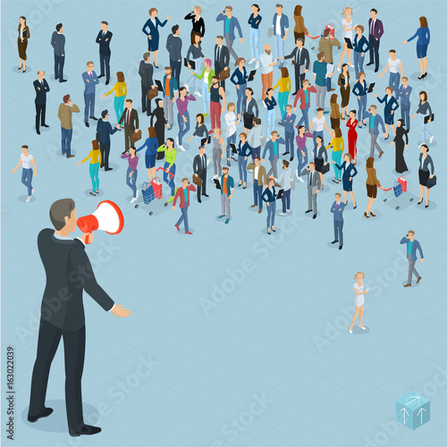 Isometric people with loudspeaker.