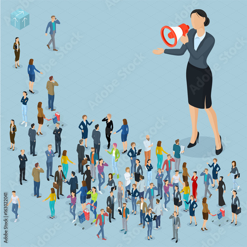 Isometric people with loudspeaker.