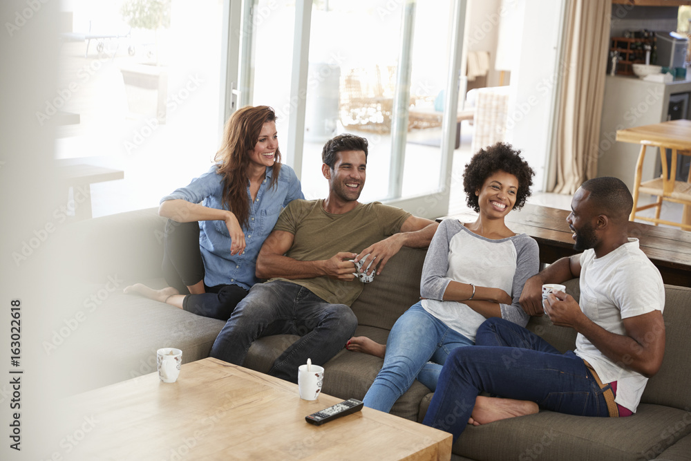 Couple Sitting On Sofa With Friends At Home Talking Couple Sitting On Sofa With Friends At Home Talking