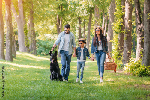 young happy interracial family with picnic basket walking with dog in forest